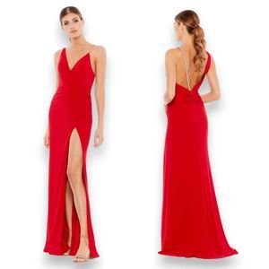 Mac Duggal Pearl Strap Thigh Slit Lowcut Back V Neck Red Gown Dress Size 6 25632